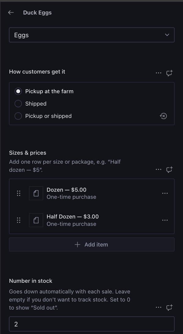 Editing the Duck Eggs product on a phone: pickup at the farm, Dozen for $5 and Half Dozen for $3, and 2 in stock
