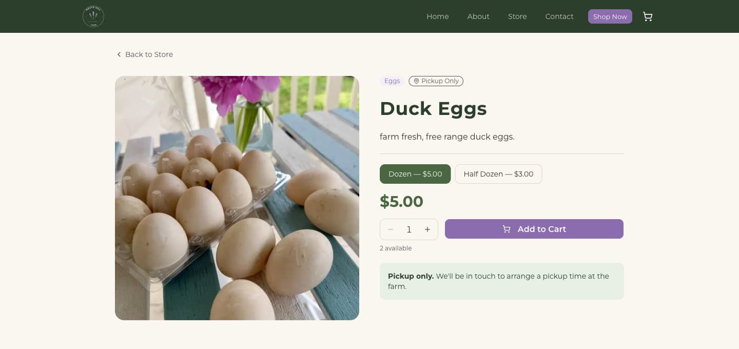 Duck eggs product page with Dozen and Half Dozen size buttons, a price, and an Add to Cart button